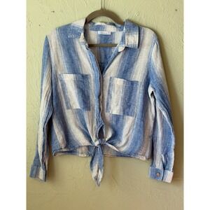 Mer + Lune Blue White Striped Tie Front Button Down Crop Shirt Womens M